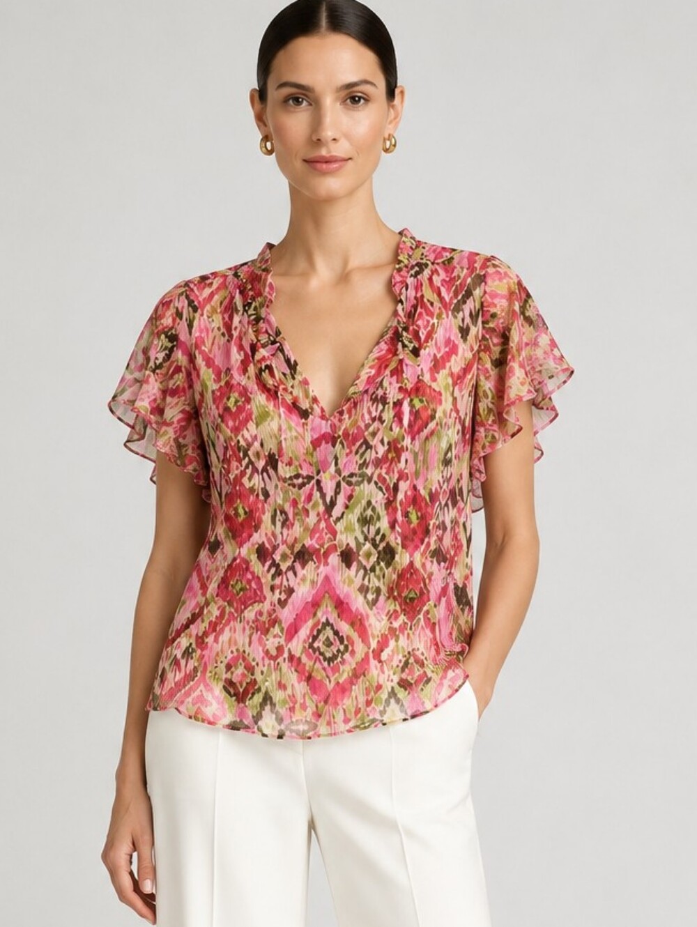 Misa Ruffle Sleeve Blouse V-neck